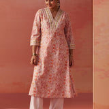 Making a statement, the model wears Lakshita’s Rumaisa Orange Chanderi Jacquard Co-ord Set