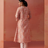 The image features the back view of the model with  Lakshita’s Rumaisa Orange Printed Chanderi Co-ord Set