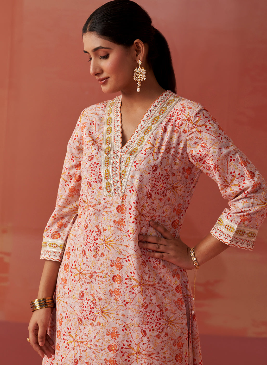 The zoomed in view of the model with Lakshita’s Rumaisa Co-ord Set is in the image