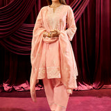 Baby Pink Embroidered Chanderi A-Line Suit Set