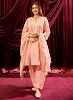 Baby Pink Embroidered Chanderi A-Line Suit Set
