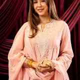 Baby Pink Embroidered Chanderi A-Line Suit Set