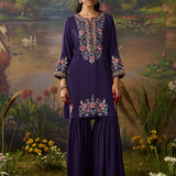 Siyahi Dark Purple Emboidered Co-ord Set with Shararas