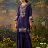 Siyahi Dark Purple Emboidered Co-ord Set with Shararas