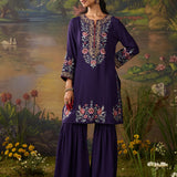 Siyahi Dark Purple Emboidered Co-ord Set with Shararas