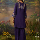 Siyahi Dark Purple Emboidered Co-ord Set with Shararas