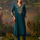 Mahira Teal Blue Zari Embroidered Viscose Straight Kurta Set