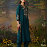 Mahira Teal Blue Zari Embroidered Viscose Straight Kurta Set