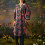 Nayab Olive Green Floral Printed Cotton Linen Straight Suit Set with Dupatta