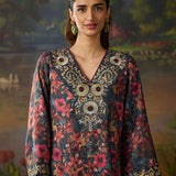 Nayab Olive Green Floral Printed Cotton Linen Straight Suit Set with Dupatta