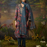 Nayab Olive Green Floral Printed Cotton Linen Straight Suit Set with Dupatta