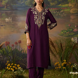 Mahira Deep Purple Zari Embroidered Viscose Straight Kurta Set