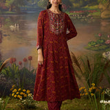 Roohi Rust Floral Printed Chiffon Anarkali Suit Set with Dupatta