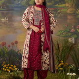 Lavanya Maroon Printed Viscose Panelled A-line Suit Set with Dupatta