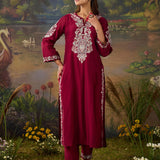 Husna Fuchsia Silk Embroidered Straight Suit Set with Dupatta