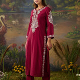 Husna Fuchsia Silk Embroidered Straight Suit Set with Dupatta