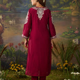 Husna Fuchsia Silk Embroidered Straight Suit Set with Dupatta