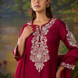 Husna Fuchsia Silk Embroidered Straight Suit Set with Dupatta