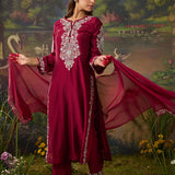 Husna Fuchsia Silk Embroidered Straight Suit Set with Dupatta