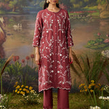 Amira Brick Red Fully Embroidered Satin Co-ord Set