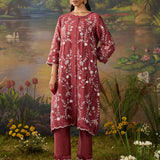 Amira Brick Red Fully Embroidered Satin Co-ord Set