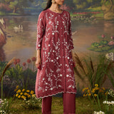 Amira Brick Red Fully Embroidered Satin Co-ord Set