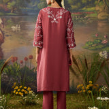 Amira Brick Red Fully Embroidered Satin Co-ord Set