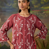 Amira Brick Red Fully Embroidered Satin Co-ord Set