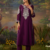 Husna Purple Silk Embroidered Straight Suit Set with Dupatta