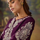 Husna Purple Silk Embroidered Straight Suit Set with Dupatta