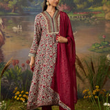 Kainat Maroon Traditional Floral Printed Viscose A-line Suit Set with Dupatta