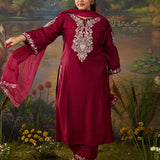 Husna Fuchsia Silk Embroidered Straight Suit Set with Dupatta