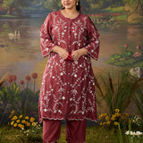 Amira Brick Red Fully Embroidered Satin Co-ord Set