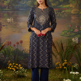 Amaltas Navy Blue Printed Viscose Embellished Straight Long Kurta Set