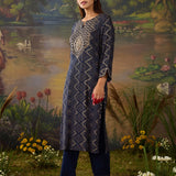 Amaltas Navy Blue Printed Viscose Embellished Straight Long Kurta Set