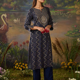 Amaltas Navy Blue Printed Viscose Embellished Straight Long Kurta Set