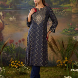 Amaltas Navy Blue Printed Viscose Embellished Straight Long Kurta Set
