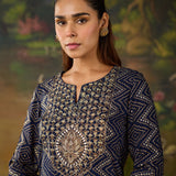 Amaltas Navy Blue Printed Viscose Embellished Straight Long Kurta Set