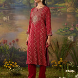 Amaltas Red Printed Viscose Embellished Straight Long Kurta Set
