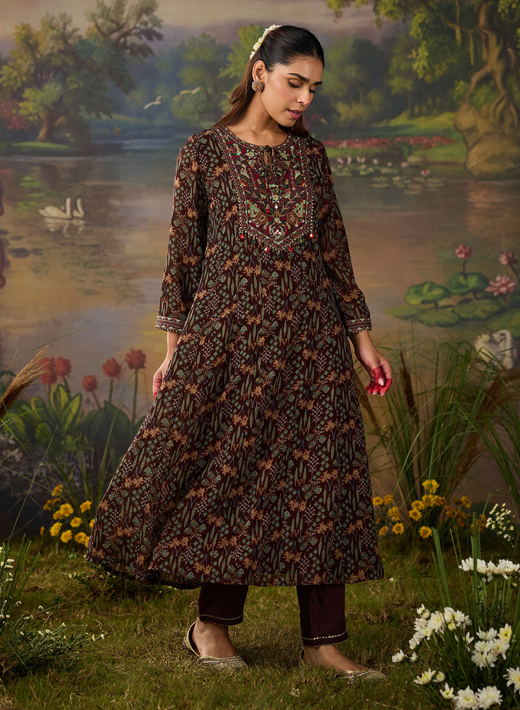 Roohi Brown Floral Printed Chiffon Anarkali Suit Set with Dupatta – Lakshita