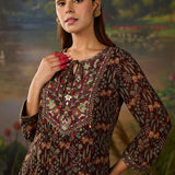 Roohi Brown Floral Printed Chiffon Anarkali Suit Set with Dupatta