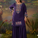 Siyahi Dark Purple Emboidered Co-ord Set with Shararas