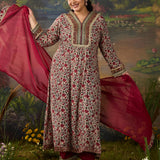 Kainat Maroon Traditional Floral Printed Viscose A-line Suit Set with Dupatta