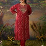 Amaltas Red Printed Viscose Embellished Straight Long Kurta Set