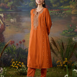 Kora Orange Chanderi Zari Embroidered Suit Set with Dupatta