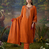 Kora Orange Chanderi Zari Embroidered Suit Set with Dupatta