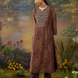 Falak Brown Tribal Printed Georgette Straight Long Suit Set with Dupatta