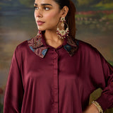 Mira Maroon Kutch-work Embellished Satin Collar Shirt