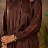 Mira Brown Kutch-work Embellished Satin Collar Shirt
