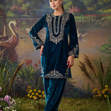 Tavira Teal Blue Embroidered Velvet Co-ord Set